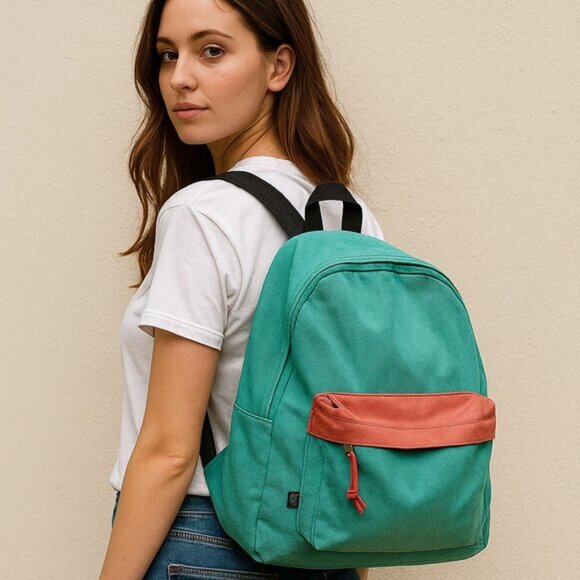 Two-Tone Canvas Nylon Womens Coral Pink Aqua Blue Backpack Medium - Picture 1 of 7